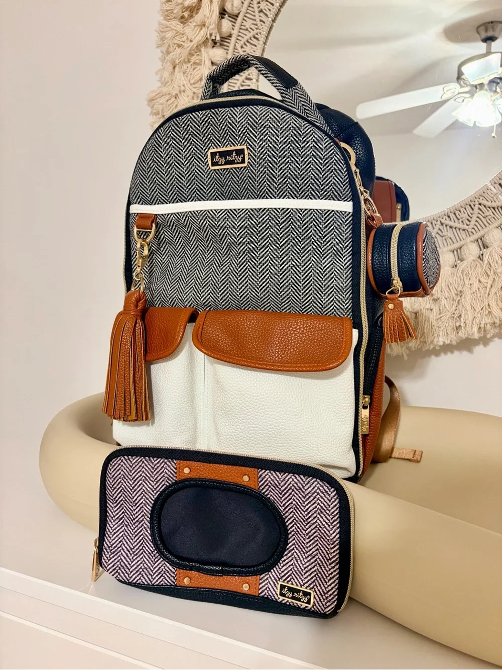 LIKE NEW Itzy Ritzy Boss Bag Leather + Herringbone Diaper Backpack